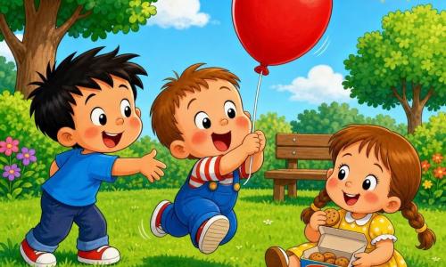 Un niño de 2 años muy alegre y asombrado, pelo castaño corto, mejillas rosadas, ojos brillantes, sostiene un gran globo rojo con ambas manos y salta sobre el césped; un niño de 3 años (Tomás), sonriente y pícaro, pelo negro, camiseta azul, está ligeramente detrás a la izquierda extendiendo la mano como si acabara de dar el globo; una niña de 3 años (Lucía), amable y contenta, con el pelo largo en dos trenzas y vestido amarillo de lunares, está sentada a la derecha en el césped con una pequeña caja de galletas abierta; el parque es luminoso con césped verde, un banco de madera al fondo, dos árboles de hojas redondeadas, flores y cielo azul con sol; los niños se ríen juntos, el globo rojo roza el césped, colores vivos, contornos definidos y ambiente alegre y seguro para niños pequeños.