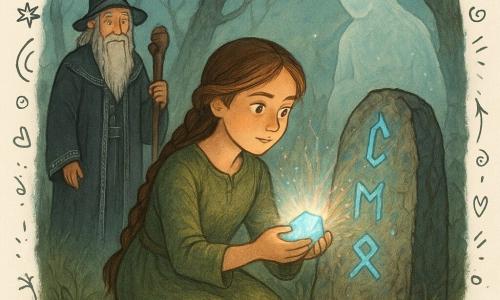 Elara, rosto determinado e maravilhado, cabelo castanho longo trançado, veste um vestido verde de lã gasto, ajoelhada diante de uma pedra rúnica, colocando o último fragmento brilhante com luz azul iluminando o rosto; Cédric, mago idoso de barba branca longa, robe escura com bordados prateados, em pé à esquerda ao fundo com um cajado entalhado olhando com orgulho; figura espectral semi-transparente com olhos como lanternas flutuando atrás da pedra em postura protetora; clareira antiga ao crepúsculo com erva alta, névoa leve e troncos retorcidos cobertos de musgo, pedra rúnica central gravada com runas azuis brilhantes e fragmentos cintilantes ao redor; cena principal: Elara coloca o último fragmento, um feixe de luz colorida jorra, runas se acendem e partículas mágicas giram, composição centrada, atmosfera misteriosa e calorosa.
