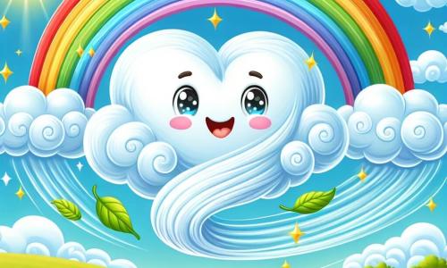 Fluffy, een schattige en zachte hartvormige wolk, zweeft vrolijk in de lucht met een grote glimlach op zijn gezicht. Zijn contouren zijn pluizig en wit, en hij is bezaaid met kleine fonkelende sterren die om hem heen stralen. Fluffy creëert een prachtige kleurrijke regenboog met levendige tinten rood, geel, groen en blauw, die majestueus in de lucht uitstrekt. Naast hem wordt de Wind afgebeeld als een vriendelijke en ondeugende figuur, met wervelende haren en een glimlachend gezicht. Hij blaast zachtjes om Fluffy te helpen de regenboog te stabiliseren, terwijl hij bladeren om hen heen laat dansen. De achtergrond toont een groene heuvel, bezaaid met kleurrijke bloemen die onder de bries buigen. Op de achtergrond is een heldere blauwe lucht met enkele witte wolken en een stralende zon die de scène verlicht met zijn gouden licht. De hoofdscene toont Fluffy en de Wind die vrolijk samenwerken om een schitterende regenboog te creëren ter ere van Moederdag, wat liefde en vriendschap symboliseert in een magisch en feestelijk moment.