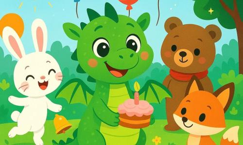 Un dragon verde, numit Dodo, cu solzi strălucitori și ochi plini de bucurie, zâmbește ținând un tort mic decorat cu cremă. Este înconjurat de baloane colorate care plutesc în jurul său, iar aripile lui mari sunt desfăcute cu entuziasm. Lângă el, un iepuraș alb, Luni, cu urechi mari și un nas drăguț, sare de bucurie ținând un clopoțel aurit. Un ursuleț brun, Momo, cu blană moale și ochi rotunzi, zâmbește ținând o eșarfă moale, stând imediat în spatele lui Dodo. O vulpiță portocalie, Fifi, cu o coadă pufoasă, privește tortul cu uimire, pregătită să guste. Scena are loc într-o grădină însorită, plină de flori colorate și iarbă verde, unde o masă mare este așezată cu farfurii și pahare. Lumini strălucitoare în copaci adaugă o notă magică atmosferei. Dodo și prietenii săi sărbătoresc ziua lui de naștere cu râsete și jocuri, înconjurați de decorațiuni festive, în timp ce soarele strălucește și licuricii dansează în jurul lor, creând o ambianță veselă și călduroasă.