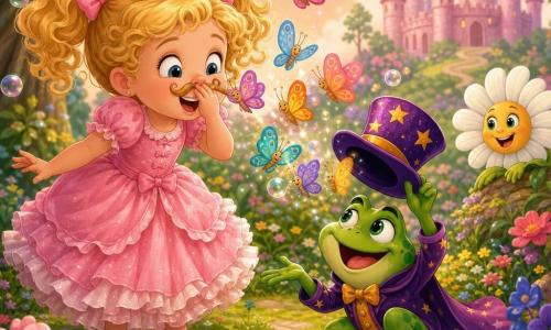 Princesa Lola, niña de unos 5 años, adorable y alegre, cabello rubio rizado en dos coletas, vestido rosa con volantes, ríe sujetándose la nariz porque mariposas de colores le hacen cosquillas en el bigote; mira asombrada. El sapo-sapo, un pequeño sapo mago macho verde esmeralda con un gran sombrero morado con estrellas doradas, está agachado frente a Lola y agita su sombrero del que salen las mariposas; sonríe pícaro. Una margarita parlante blanca y amarilla asoma desde el borde del sendero florido, con ojos redondos y pétalos animados, canta y observa la escena en segundo plano. Lugar: claro del bosque mágico cerca de un castillo rosa a lo lejos, suelo cubierto de musgo, campo de flores multicolor, cielo salmón suave, luz brillante y burbujas flotantes. Situación: momento cómico y tierno en que la princesa es cosquilleada por mariposas saliendo del sombrero del sapo, todo muy colorido, expresivo y con mucho movimiento, composición simple y legible para un niño pequeño.
