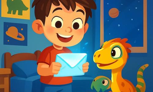 Un niño de 6 años, Lucas, con el cabello castaño desordenado y ojos llenos de curiosidad, se encuentra en el centro de la escena, sosteniendo una carta misteriosa en sus pequeñas manos. Su rostro expresa gran emoción, con una amplia sonrisa y mejillas sonrojadas. A su lado, un dinosaurio amistoso, un pequeño velociraptor de plumas coloridas, lo mira con ojos brillantes, listo para la aventura. La escena tiene lugar en la habitación de Lucas, decorada con pósters de dinosaurios y planetas, con un cielo estrellado visible por la ventana. La habitación está iluminada por una suave luz azul que emana de la carta, creando una atmósfera mágica y misteriosa. Lucas, intrigado, se prepara para seguir la luz azul que lo invita a viajar en el tiempo, mientras el velociraptor parece impaciente por partir en la aventura con él.