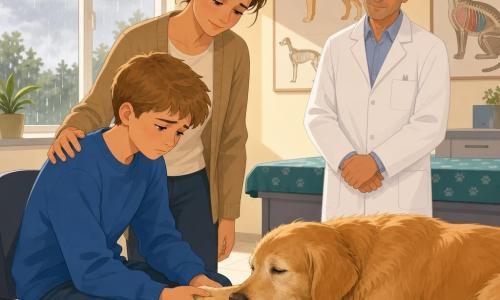 A tender final goodbye in a small bright veterinary clinic: a sad 12-year-old boy with teary eyes and short light-brown hair, wearing a blue sweatshirt and jeans, sits holding the paw of an elderly golden retriever with a shiny coat, lying on a soft blanket, tongue slightly out; a calm 40-year-old woman with brown hair in a bun stands with a comforting hand on the boy’s shoulder, and a gentle 50-year-old male veterinarian in a white coat stands respectfully nearby; cream walls, a large window showing gray sky and light rain, colorful anatomical posters, and warm light falling on the three create a quiet, loving atmosphere.
