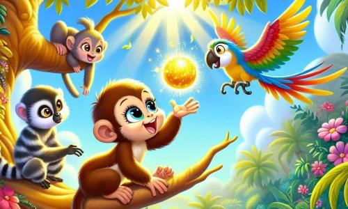 Mimi, la piccola scimmia dagli occhi brillanti e dal sorriso radioso, è appollaiata su un ramo di un albero dorato, il suo pelo marrone e setoso scintilla sotto il sole. Esprime grande curiosità ed eccitazione, allungando la mano verso un frutto magico che brilla come l'oro, sospeso proprio sopra di lei. Accanto a lei, Paco, il pappagallo colorato con piume rosse, blu e verdi, vola in cerchi attorno a lei, le ali spiegate, mostrando un'espressione gioiosa e incoraggiante. Più in basso, Lila, il piccolo lemure dalla coda striata, osserva con occhi meravigliati, saltellando impaziente su un ramo vicino. Il contesto è una giungla lussureggiante, piena di fogliame verde brillante, fiori colorati che danzano al vento, e un cielo blu chiaro punteggiato di nuvole soffici. Al centro di questa scena magica, un maestoso albero dalle foglie dorate si erge fiero, illuminato dalla luce del sole, creando un'atmosfera incantata. La situazione principale mostra Mimi, piena di entusiasmo, pronta a afferrare il frutto magico, mentre i suoi amici la incoraggiano con grida gioiose, tutti uniti in questa ricerca di avventura e magia.