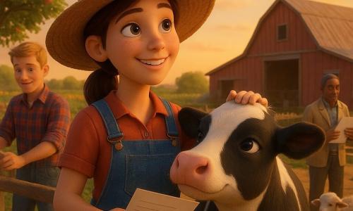 Main woman: a smiling, determined 25-year-old farmer with chestnut hair tied under a wide straw hat, slightly dusty denim overalls, holding a bill and petting a cow while looking at the sky; secondary boy: Ben, about 16, short blond hair, in a plaid shirt holding pliers repairing a fence slightly left of her; secondary man: Mr. Thompson, a 50-year-old vet with graying hair and a khaki jacket holding a white clipboard near the barn examining calves; animals: a large black-and-white cow named Daisy with gentle eyes, several plump calves and woolly sheep in a pen; setting: a farm at sunset with an apple tree, colorful vegetable rows, an old red tin-roof barn, an ochre dirt path and an orange sky; scene: a warm, optimistic moment as the farmer, aided by her friend and the vet, considers saving the farm's energy while caring for the animals, bathed in golden light and a serene, hopeful atmosphere.