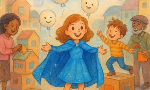 A young woman, Zaza Zap, smiling and lively, wears a shiny blue cape and boots with golden bells. She stands in the middle of a crowd, arms open, surrounded by her floating balloon copies that are laughing. A boy with spaghetti hair, about 8 years old, laughs while balancing on a cardboard box next to Zaza. A lady with sparkling shoes, around 40 years old, sticks shiny papers on a box to Zaza's left. In the background, an old man with a hat, about 70 years old, paints an orange door on a large box. The scene takes place in a busy street filled with colorful boxes stacked like houses, under a blue sky dotted with floating soap bubbles. The main situation shows Zaza and the residents joyfully building a mini cardboard city, transforming a queue into a creative and collaborative party.