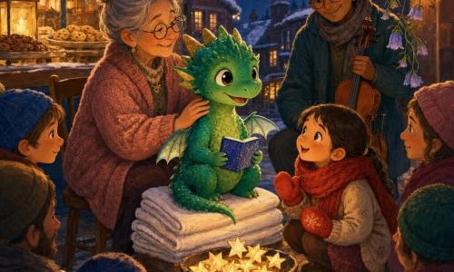 The main character is Pipp, a small joyful dragon with glossy emerald scales, tiny translucent wings and round curious eyes, sitting on a stack of white hand towels above a bakery, holding a sparkly blue notebook and telling a story; Grandma Nila, an elderly smiling woman with gray hair in a bun and a dawn-colored knitted cardigan, sits on a wooden chair hugging him with a hand on his scaly neck; Maisie, an excited little girl in a red scarf and mittens, crouches in the foreground clutching her new mitten with wide eyes; Mr. Rao, a middle-aged musician with round glasses, leans back with his violin against the wall, smiling and ready to play, small bell-shaped flowers near his instrument; the setting is a winter village street at dusk with warm brick facades, golden string lights, a bakery counter with cookie trays, glass lanterns on wooden tables and a cobbled ground dusted with snow; the scene is an intimate New Year gathering around the dragon, candles in jars casting an amber glow, shy stars in the night sky and a bowl of paper stars at the center, creating a warm, gentle, hopeful atmosphere.