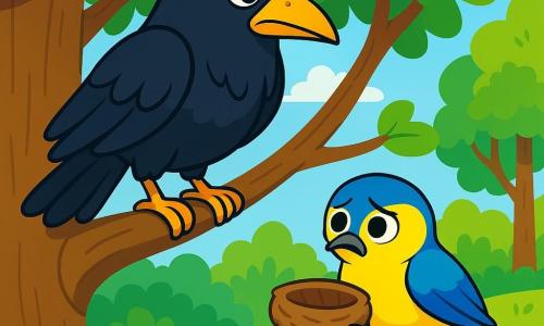 A majestic raven with shiny black feathers and piercing eyes stands proudly on a branch of a large oak tree. Its expression is full of determination and wisdom as it carefully watches a small tit. The little tit, with its bright yellow plumage and round eyes, is perched on a lower branch, looking anxious and desperate, holding its nest in its tiny paws. The setting is a lush forest with trees having vibrant green leaves and colorful flowers scattered on the ground. Sunlight filters through the branches, creating dancing shadows on the ground. In this scene, the raven helps the tit find its lost nest, symbolizing friendship and solidarity among animals.