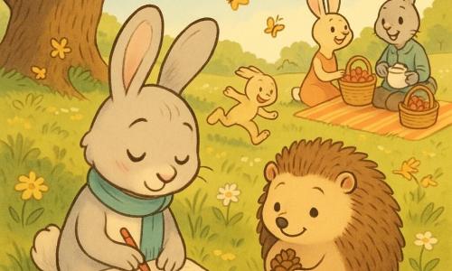Main character: Willow, a young rabbit with long floppy ears, light gray fur with white touches and a sky-blue scarf, sitting on grass drawing in a small sketchbook with colored pencils, serene and focused; secondary: Daisy, a round soft-faced hedgehog with brown rounded quills, calm smile, holding a lucky pinecone and sitting beside Willow watching the drawing; Thistle, Willow’s smaller energetic brother with beige fur, playful grin, chasing butterflies among flowers in the background; optional: parents near a striped picnic blanket, smiling and arranging strawberry baskets and tea; setting: a meadow under a broad ancient oak with dappled sunlight, fresh grass and yellow and white flowers, a sparkling stream in the distance; mood: peaceful summer afternoon, warm colors and soft textures, composition centered on Willow and Daisy to convey calm and camaraderie.