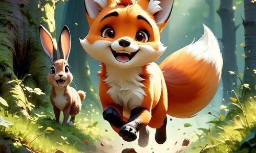 Un pequeño zorro llamado Zuri, con un pelaje naranja brillante y una cola esponjosa con la punta blanca, sonríe alegremente mientras corre a toda velocidad en una carrera a través del gran bosque de Arbolandia. Sus ojos brillan de emoción y determinación, y parece animar a sus amigos a unirse. A su lado, una joven liebre llamada Lila, con un pelaje marrón claro y largas orejas caídas, corre con una gran sonrisa en su rostro, mostrando su confianza recién adquirida. Ella está justo detrás de Zuri, lista para alcanzarlo, y su mirada está llena de alegría y entusiasmo. El escenario es un hermoso bosque verde, con majestuosos árboles de hojas brillantes, flores coloridas esparcidas por el suelo y un cielo azul claro salpicado de nubes blancas y esponjosas. Un suave rayo de sol filtra a través de las ramas, iluminando la escena con una luz cálida. La situación principal muestra a Zuri y Lila participando en una carrera amistosa, simbolizando la igualdad de géneros y la celebración de sus diferencias, rodeados de otros animales que los animan con gritos de alegría y aplausos.