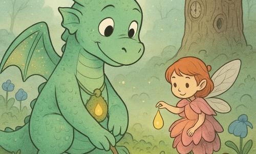 Um dragão chamado Luar, gentil e soulagé, com olhos brilhantes e sorriso tímido, escamas verde-menta com glitter dourado nas bordas das asas, ajoelhado para plantar uma pequena semente luminosa em um saco de musgo preso ao peito; a Fada Pinga, pequena, de asas translúcidas e capa de pétalas rosas, pousada numa flor ao lado, observa benevolente segurando uma gota de água dourada; cenário: vale enevoado em tons pastéis, flores azuis em formato de sino, cogumelos sino e uma grande Árvore-Relógio de tronco rugoso com pequenas aberturas em forma de relógio, solo coberto de musgo macio e pedras arredondadas; a fada derrama a gota de ouro sobre a semente estrelada, uma pedra quente repousa ao lado e a névoa se transforma em pequenas luzes flutuantes; estilo gráfico: linhas limpas, cores suaves e luminosas, texturas detalhadas de musgo e escamas, expressões faciais muito legíveis, atmosfera mágica e calma.