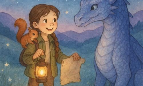 Luna, uma jovem exploradora sorridente e corajosa de cabelos castanhos em tranças, com jaqueta cáqui e botas enlameadas, segura um pergaminho antigo e uma pequena lanterna acesa enquanto olha maravilhada para o Vale das Estrelas; Tico, um esquilo ruivo travesso, pula em seu ombro direito; à entrada do vale, um grande dragão de escamas nacaradas azul-violeta, de olhar doce e postura protetora, observa a cena numa clareira de relva prateada e flores luminescentes, com pequenas estrelas suspensas como lanternas, colinas violeta e um céu crepuscular estrelado, numa chegada pacífica e mágica onde a luz quente da lanterna se mistura ao brilho das estrelas.