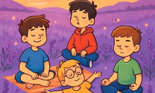 Es gibt vier Kinder: - Jonas: ein 10-jähriger Junge mit zerzausten braunen Haaren und funkelnden Augen. Er trägt ein blaues T-Shirt und grüne Shorts, sitzt im Schneidersitz auf einer Decke und hat ein ruhiges Lächeln im Gesicht. - Luis: ein 9-jähriger Junge mit blonden Haaren und runden Brillen. Er trägt ein gelbes T-Shirt und kurze Hosen, liegt auf dem Rücken mit geschlossenen Augen und ausgestreckten Armen wie Flügeln. - Max: ein 11-jähriger Junge mit schwarzen Haaren und Pony. Er trägt einen roten Kapuzenpullover und Jeans. Er sitzt neben Jonas, die Hände auf den Knien, atmet tief durch. - Emil: ein 10-jähriger Junge mit kastanienbraunen Haaren und Sommersprossen. Er sitzt im Yoga-Sitz mit gekreuzten Beinen, trägt ein hellgrünes T-Shirt und hat einen konzentrierten Gesichtsausdruck. Der Ort ist ein weitläufiges Lavendelfeld, das im goldenen Licht des Sonnenuntergangs erstrahlt. Die lila Blumen wiegen sich sanft im Wind und schaffen einen Ozean beruhigender Farben. In der Ferne färbt sich der pastellfarbene Himmel rosa und orange, während Glühwürmchen um die Kinder herum funkeln und eine magische Atmosphäre erzeugen. Die Hauptsituation zeigt die Kinder, die Atem- und Yogaübungen machen, umgeben von Lavendel. Sie sind entspannt und lächeln, genießen diesen Moment der Ruhe und Gelassenheit, bereit, friedlich unter dem Sternenhimmel einzuschlafen.