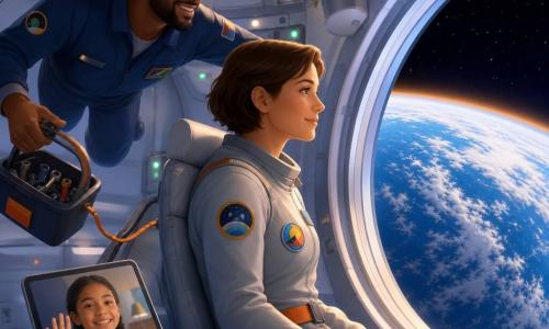 Mujer astronauta adulta de cabello corto castaño, expresión dulce y contemplativa, traje espacial gris claro con parches coloridos, sentada y sujeta con una correa en el borde de la cúpula mirando la Tierra por una amplia ventana circular; hombre adulto (Malik), sonriente con barba corta y mono de trabajo azul oscuro, flota detrás con una caja de herramientas sujeta por una cuerda; niña (Lía), unos 10 años, con trenza, aparece sonriendo y saludando desde la pantalla de una tableta junto a la astronauta. Interior de la estación: cúpula metálica con acolchados blancos, paneles con luces verdes y naranjas, velcros y redes para objetos, algunos instrumentos y una pequeña planta fijada al muro; vista clara de una Tierra azul y blanca con un borde de horizonte anaranjado. Escena tranquila y cálida, luz suave terrestre, objetos flotando lentamente, atmósfera de curiosidad y protección.
