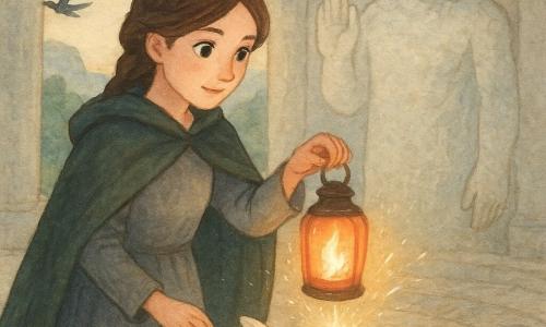 Elira, tânără cu față blândă și hotărâtă, ochi mari și luminoși, păr brun împletit, poartă o mantie verde închis și o rochie din in gri, ține o mică lanternă cu sticlă roșie care emite o lumină caldă și o plasează lângă un vas de lut; în fundal, un uriaș de piatră binevoitor, masiv și texturat ca piatra albă, stă cu mâna ridicată ca o binecuvântare, iar în prim-plan un iepure alb curios sare lângă picioarele Elirei privind flacăra; câțiva corbi negri zboară spre depărtare formând un arc întunecat; locul e o sală circulară săpată în piatră albă, coloane rotunde, mozaic stelat pe podea și un arc care se deschide spre o vale înconjurată de stânci albe, lumină blândă de după-amiază filtrând printr-o deschizătură ovală în tavan; momentul magic când Elira pune lanterna și o flacără alb-aurie țâșnește din vas, luminând mozaicul și făcând să apară uriașul de piatră; atmosferă calmă, eroic-fantasy, culori pastel cu accente aurii pe flacără; stil acuarelă cu lavisuri moi, texturi granuloase de piatră și reflexe calde pe lanternă, cu tușe albe pentru scântei și ochi.