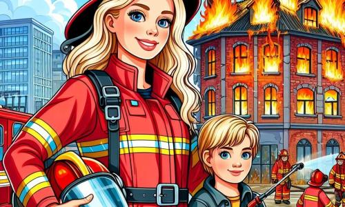 Een brandweervrouw, Emma, staat trots voor een oud gebouw in brand, met feloranje vlammen en zwarte rook die de blauwe lucht in stijgen. Ze draagt een stralend rode overall, een glanzende helm en een vastberaden glimlach op haar gezicht, wat haar moed en concentratie toont. Naast haar staat een 8-jarig jongetje, Lars, met blond haar en sprankelende ogen, die met bewondering kijkt en een klein plastic brandweerhelm vasthoudt, geïnspireerd door Emma's moed. Op de achtergrond is het oude gebouw, met rode bakstenen en gebroken ramen, omringd door brandweermannen die samenwerken om het vuur te blussen. De scène is vol energie en beweging, met spetters water en collega's die druk in de weer zijn, wat een sfeer van kameraadschap en vastberadenheid creëert.