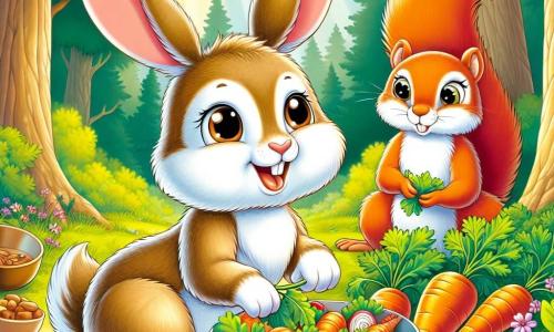 Ein kleiner Hase mit großen Ohren und weichem braunem Fell, dessen Augen vor Freude strahlen, bereitet eine wunderschöne Schüssel mit bunten Karotten und feinen Kräutern vor. Stolz lächelt er, während seine kleinen, geschickten Pfoten um die Zutaten wuseln. Neben ihm beobachtet ein kleines, lebhaftes Eichhörnchen mit buschigem, rotem Fell begeistert, seine strahlenden Augen voller Bewunderung. Es hält eine Handvoll Haselnüsse bereit, um sie der Schüssel hinzuzufügen, und lächelt breit, glücklich, an dieser Kreation teilzunehmen. Die Szenerie ist eine charmante Ecke des Waldes mit majestätischen Bäumen, bunten Wildblumen und einem sanften Sonnenstrahl, der durch die Äste filtert und die Szene in goldenes Licht taucht. Die Hauptsituation zeigt den kleinen Hasen und seine Freundin, die ein köstliches Gericht zum Vatertag zubereiten, umgeben von der Schönheit der Natur und einem Moment der Verbundenheit und Freude.