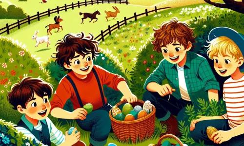 Vier jongens van negen jaar, Tom, Bram, Max en Sam, zijn druk bezig met het zoeken naar paaseieren in een groen veld. Tom, met rommelig bruin haar en een rode t-shirt, glimlacht terwijl hij een mand vol gekleurde eieren vasthoudt. Bram, met blond haar en een blauwe pet, zit naast een struik en lacht terwijl hij een versierd ei ontdekt. Max, met ronde bril en een groene t-shirt, kijkt verwonderd naar een gouden ei dat hij net heeft gevonden bij een oude appelboom. Sam, met kastanjebruin haar en een gestreepte t-shirt, houdt een kaart vast en leidt zijn vrienden naar een andere plek waar eieren verstopt zijn. De locatie is een zonnige boerderij, omringd door bloeiende velden en zachte heuvels. In de verte staat een oude rode schuur en grazen de boerderijdieren rustig. Kleurrijke bloemen bedekken de grond en de lucht is helder blauw met enkele witte wolken. De jongens zijn vol energie, rennend en lachend, elk op zoek naar eieren die verstopt zijn in de hoeken van de tuin. De sfeer is vrolijk en feestelijk, vol kinderlachjes en de opwinding van de paaseierenjacht.