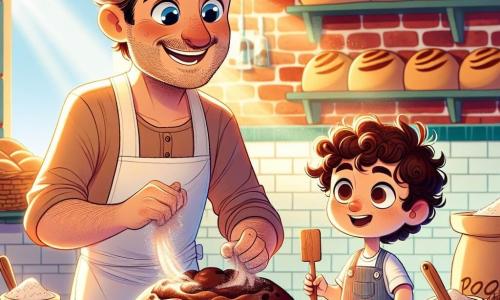 Un uomo di nome Marco, un pizzaiolo di circa quarant'anni, si trova al centro della sua panetteria, sorridente con occhi brillanti di gioia. Ha capelli castani leggermente ricci, un viso amichevole e indossa un grande grembiule bianco macchiato di farina. Marco sta modellando una bella palla di pasta al cioccolato, con le mani piene di farina e amore. Accanto a lui, un ragazzo di nome Luca, di sei anni, con capelli ricci e un grande sorriso, osserva con meraviglia. Indossa un piccolo grembiule blu e tiene una spatola di legno, pronto ad aiutare Marco nella sua creazione. La scena si svolge in una panetteria calda e colorata, con muri in mattoni e scaffali pieni di pane dorato e dolci. Raggi di sole filtrano attraverso le finestre, illuminando la farina nell'aria e creando un'atmosfera magica. Marco e Luca stanno preparando insieme del pane al cioccolato, circondati da sacchi di farina e ingredienti freschi, condividendo risate e momenti di complicità, illustrando la gioia di creare insieme.