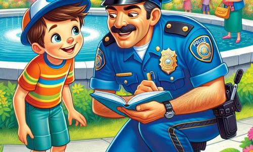 Un poliziotto di nome Marco, sorridente e benevolo, indossa una divisa blu brillante con una cintura di attrezzi. Ha i capelli castani e un cappello con visiera lucida. Marco si china con uno sguardo determinato, pronto ad aiutare un bambino. Accanto a lui, un ragazzo di otto anni, Tommaso, con capelli castani e occhi curiosi, osserva attentamente. Indossa una maglietta colorata e un pantaloncino, tenendo un piccolo quaderno in mano, pronto a prendere appunti. La scena si svolge vicino a una fontana in un parco soleggiato, circondata da alberi verdi e fiori vivaci. Gli uccelli volano intorno, aggiungendo vita all'ambiente. Marco e Tommaso stanno parlando con una signora anziana, la signora Rosa, che sembra sollevata e felice, mentre cercano insieme un braccialetto perso vicino alla fontana.