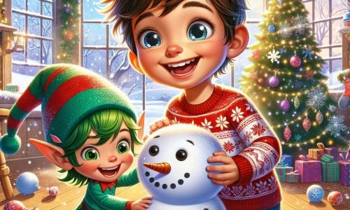 Un bambino di 4 anni, di nome Marco, con capelli castani in disordine e grandi occhi scintillanti di gioia, sta facendo un pupazzo di neve dentro casa. Indossa un maglione rosso con motivi di fiocchi di neve e pantaloni blu. Il suo viso irradia eccitazione e felicità mentre sorride ampiamente. Accanto a lui, un folletto burlone di nome Nino, con capelli verdi e un cappello a punta, ride gioiosamente. Nino ha un viso malizioso e indossa un costume colorato con motivi festivi. Lancia una palla di neve scintillante in aria, aggiungendo un tocco magico alla scena. La stanza è calda e accogliente, con un grande albero di Natale decorato con luci e palline colorate. Fiocchi di neve cadono dolcemente attraverso la finestra, illuminando la stanza con una luce soffusa e fatata. La scena principale mostra Marco e Nino che giocano insieme, circondati dalla neve, creando ricordi gioiosi e magici in un incantevole scenario natalizio.