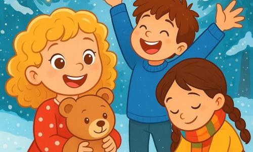 Una bambina di 6 anni, di nome Giulia, con capelli ricci e dorati, sorride gioiosamente, con gli occhi brillanti di eccitazione. Indossa un vestito rosso a pois bianchi e tiene tra le braccia un orsacchiotto di peluche di nome Bombo, che ha un viso amichevole e occhi scintillanti. Accanto a lei, il suo amico Marco, un ragazzo di 7 anni con capelli castani disordinati e un maglione blu, alza le braccia in aria, ridendo di felicità. Sara, una bambina di 6 anni con trecce e una sciarpa colorata, si piega per raccogliere delle paillettes luccicanti sul terreno innevato. La scena si svolge in un bellissimo bosco invernale, dove gli alberi sono coperti di neve scintillante e i fiocchi di neve cadono dolcemente dal cielo. Le luci di Natale brillano tra i rami, creando un'atmosfera magica e festosa. I bambini stanno raccogliendo paillettes magiche che brillano alla luce del sole, ridendo e divertendosi insieme, riempiendo le loro tasche di tesori luccicanti per decorare l'albero di Natale di Giulia.