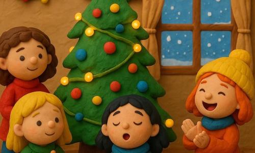 Hay 4 niñas: Ana, de 4 años, tiene cabello castaño rizado y lleva un suéter rojo, está a la izquierda cerca del árbol de Navidad. Luz, de 4 años, tiene cabello rubio y un vestido verde, está a la derecha de Ana, sosteniendo una bola de Navidad brillante. Mara, de 4 años, tiene cabello negro y una bufanda azul, está sentada en el centro, cantando suavemente. Sol, de 4 años, tiene cabello pelirrojo y un gorro amarillo, está a la derecha, riendo y aplaudiendo. El lugar es una sala acogedora con un gran árbol de Navidad decorado con guirnaldas luminosas y bolas de colores. Una ventana muestra la nieve cayendo suavemente afuera. La situación principal es la de las niñas decorando el árbol de Navidad con asombro. Las luces del árbol brillan, creando una atmósfera mágica y alegre. Las niñas están rodeadas de guirnaldas y decoraciones, y el ambiente es festivo y luminoso.