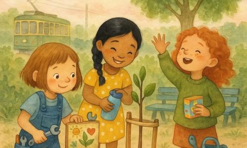 Tre bambine di circa 7 anni nel parco: Mia, capelli castano chiaro a caschetto, salopette blu con tasche piene di attrezzi, tiene una chiave inglese e sistema un piccolo cartello di legno a sinistra; Sofia, capelli neri a treccia, vestito giallo a pois, versa acqua da una bottiglia azzurra vicino al giovane albero al centro; Lara, capelli ricci rossi, maglione verde oliva, canta con una mano alzata e tiene una scatola di biscotti a destra. Ambientazione: piccolo parco con terra bruna e erba rada, panchina blu, cespugli verdi e un grande tiglio sullo sfondo, cielo pastello acquerellato e un tram verde antico in lontananza. Situazione: le tre piantano e proteggono un talea fragile con due foglie, lo coprono con terra scura, lo cingono con una rete di cotone beige e posano un cartello dipinto a mano; atmosfera calda e dolce, colori acquerellati e oggetti da bambini intorno (biscotti, pastelli, chiave, annaffiatoio).