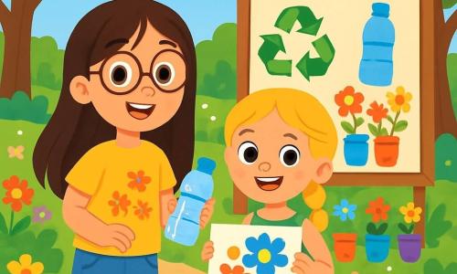 Hay 2 personajes principales: - Sofía: una niña de 8 años con cabello largo castaño y gafas redondas. Lleva una camiseta amarilla con un estampado de flores y un short de mezclilla. Sofía sostiene una botella de plástico, sonriendo, lista para reciclar. - Clara: una niña de 8 años con trenzas rubias y ojos brillantes. Lleva un vestido verde con lunares y sandalias. Clara está al lado de Sofía, sosteniendo una pintura de flores coloridas que hizo con botellas recicladas. La situación principal tiene lugar en un parque verde, lleno de flores de todos los colores. Majestuosos árboles ofrecen sombra y un camino de grava serpentea por el parque. Al fondo, hay un gran cartel de madera con dibujos sobre el reciclaje, rodeado de un jardín de macetas coloridas hechas de botellas recicladas. La escena muestra a Sofía y Clara, rodeadas de sus amigos, recogiendo basura en el parque. Se ríen y se animan mutuamente, mientras los niños decoran botellas para convertirlas en jardineras. La atmósfera es alegre y llena de energía, con mariposas volando a su alrededor.