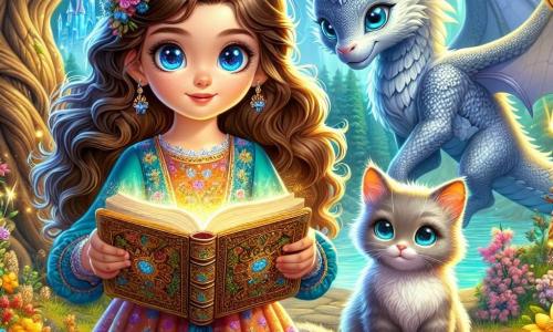 Al centro dell'immagine, una ragazza di 9 anni di nome Livia, con lunghi capelli castani ondulati e occhi pieni di curiosità, sorride con determinazione. Indossa un vestito colorato decorato con motivi floreali e tiene un antico libro magico aperto tra le mani, circondata da una dolce luce dorata. Accanto a lei, un gattino blu di nome Zaffiro, con occhi scintillanti e orecchie a punta, la guarda con aria birichina, pronto ad aiutarla nella sua missione. Sullo sfondo, un maestoso drago argenteo, con squame lucenti e ali spiegate, sorvola i due amici, i suoi occhi dolci e rassicuranti vegliano su di loro. Il paesaggio è una foresta incantata, con alberi giganti dai tronchi nodosi e foglie che brillano come smeraldi sotto un cielo blu splendente. Fiori colorati con facce sorridenti e animali fantastici popolano l'ambiente, creando un'atmosfera magica e accogliente. La scena principale mostra Livia, Zaffiro e il drago argenteo uniti in un momento di determinazione, pronti ad affrontare una sfida per salvare il loro mondo, con una luce brillante che emana dal libro magico, simboleggiando la speranza e la magia dell'amicizia.