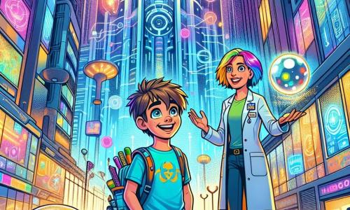 Ein 12-jähriger Junge namens Lukas mit zerzausten braunen Haaren und neugierigen Augen steht vor einem riesigen futuristischen Glasgebäude und lächelt begeistert. Er trägt ein leuchtend blaues T-Shirt und eine gelbe Shorts und hält einen kleinen Rucksack voller technischer Gadgets. Neben ihm erklärt Frau Yako, eine etwa 30-jährige Frau mit bunten Haaren und einem warmen Lächeln, begeistert die Projekte. Sie trägt eine futuristische Bluse mit leuchtenden Mustern und steht neben einer kleinen schwebenden Kugel, die sie unterstützt. Die Szenerie ist eine belebte Straße in Neonpolis, wo fliegende Fahrzeuge über die Köpfe gleiten und leuchtende Bäume den Weg säumen. Bunte Hologramme tanzen an den Wänden der Gebäude und schaffen eine magische, dynamische Atmosphäre. Lukas beobachtet fasziniert die futuristischen Technologien um ihn herum, während Frau Yako ihm einen leuchtenden Weg zu seinem ersten Erkundungsprojekt zeigt.
