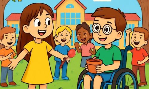 Există două personaje principale: - Andreea: o fată de 9 ani, cu păr lung și castaniu și ochi strălucitori. Ea poartă o rochie galbenă aprinsă și cizme de cauciuc roz. Se află în stânga, cu brațele deschise, zâmbind în direcția lui Vlad. - Vlad: un băiat de 9 ani, cu păr scurt și castaniu, purtând ochelari rotunzi. Este așezat într-un scaun cu rotile albastru, îmbrăcat cu un tricou verde și pantaloni scurți din denim. Se află în dreapta Andreei, ținând o mică sacoșă de grădinărit. Locul unde se desfășoară situația principală este curtea școlii, înconjurată de copaci mari cu ramuri goale, cu flori colorate care încep să înflorească. Solul este acoperit cu iarbă verde strălucitoare, presărată cu mici ghiocei albi, iar un cer albastru deschis se întinde deasupra lor, presărat cu nori pufoși. Situația principală a poveștii îi arată pe Andreea și Vlad, entuziaști, pregătiți să planteze flori împreună. Andreea ține o mică lopățică din plastic, în timp ce Vlad zâmbește ținând un ghiveci cu pământ. Ei sunt înconjurați de colegi de clasă care îi încurajează, creând o atmosferă veselă și plină de viață.
