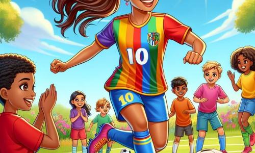Al centro dell'immagine, Chiara, una giovane donna atletica di circa 25 anni, sta dribblando un pallone da calcio con un grande sorriso sul volto. Indossa una maglietta colorata con il numero 10, pantaloni corti e scarpe sportive, con i capelli castani raccolti in una coda di cavallo dinamica. I suoi occhi brillano di entusiasmo e determinazione, mostrando la sua passione per il gioco. Intorno a lei, diversi bambini, ragazzi e ragazze di età compresa tra 8 e 10 anni, la osservano con ammirazione. Un ragazzo biondo, vestito con una maglietta rossa, applaude sorridendo, mentre una ragazza dai capelli ricci e castani, con una maglietta blu, cerca di riprodurre i movimenti di Chiara con un pallone ai piedi. Sono tutti riuniti su un campo da calcio verde, circondato da fiori colorati e alberi sullo sfondo, sotto un cielo blu e soleggiato. La scena si svolge su un campo sportivo vivace, dove i bambini stanno imparando a giocare a calcio con la loro idola. Chiara, in piena dimostrazione, mostra ai bambini come dribblare e tirare, creando un'atmosfera gioiosa e ispiratrice, piena di risate e incoraggiamenti.