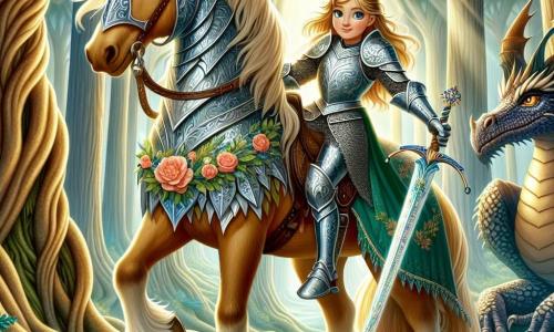 Op de voorgrond staat Seraphina, een dappere ridder, trots op haar paard Ember, een prachtig fokaalkleurig paard. Ze draagt een glanzende wapenrusting versierd met bloemmotieven, haar vastberaden en stralende gezicht drukt moed en vastberadenheid uit. Haar lange blonde haren wapperen in de wind terwijl ze haar glinsterende zwaard heft, klaar om het onbekende onder ogen te zien. Naast haar observeert een oude wijze draak met glanzende schubben als sterren met doordringende ogen. Hij is majestueus en imposant, met zijn vleugels tegen zijn lichaam gevouwen, en lijkt klaar om Seraphina advies te geven. Op de achtergrond strekt het Woud van de Wijsheid zich uit, met gigantische bomen met knoestige stammen en helder groene bladeren. Stralen zonlicht breken door het loof, wat een magische en mysterieuze sfeer creëert. De hoofdscene toont Seraphina, de ridder, terwijl ze een oud mysterie oplost dat door de draak is gepresenteerd, terwijl ze zich voorbereidt om dieper het bos in te gaan, vastberaden om het Hart van de Draken te vinden. De lucht is doordrenkt met magie en avontuur, terwijl de geluiden van de natuur een betoverende melodie om hen heen creëren.