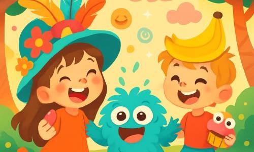 A 6-year-old girl named Lily, with long brown hair and sparkling eyes, wears a large colorful hat adorned with flowers and feathers. She is laughing heartily, her cheeks rosy, holding a jellybean in her hand. Next to her is her friend Max, a 6-year-old boy with messy blond hair and a mischievous smile, wearing a banana-shaped hat and enjoying a round-eyed cupcake. The setting is a magical garden filled with multicolored flowers, floating laughter, and sparkling lights. Twisted tree trunks and candy-shaped clouds enhance the whimsical atmosphere. The scene shows Lily and Max joyfully dancing with the Giggle Monster, a soft, fluffy creature with bright blue fur and big round eyes, who joins them in a cheerful dance. Laughter bubbles float around them, creating an atmosphere of happiness and magic.