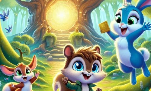 Simon, a small squirrel with sparkling eyes and a fluffy tail, stands in the center of the image with a look of wonder on his face, holding a shiny golden ticket in his tiny paws. Next to him, Ruby, a rabbit with large ears and silky fur, jumps for joy, her eyes wide with surprise as she waves her front paws in the air. Bella, a bright blue bird with shimmering feathers, perches on a nearby branch, singing joyfully with her wings spread, full of enthusiasm. The setting is an enchanted clearing surrounded by majestic trees with vibrant green leaves, with rays of sunlight filtering through the branches, creating a magical atmosphere. In the background, an ancient oak tree with twisted roots and a massive trunk houses a glowing portal shimmering with golden light, symbolizing time travel. The scene depicts the moment when Simon and his friends discover the mysterious invitation to join the Society of Time Keepers, ready to embark on an incredible adventure through the ages.