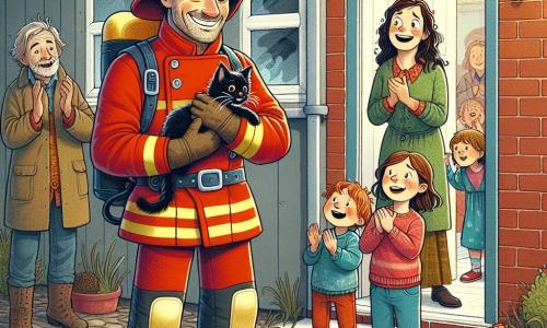 El personaje principal es un hombre llamado Tomás, un bombero robusto con una sonrisa cálida y ojos brillantes de determinación. Lleva un uniforme rojo brillante, un casco reluciente y botas negras, sosteniendo un pequeño gato negro en sus brazos, mostrando una expresión de orgullo y alegría tras haberlo salvado. A su lado está una mujer de unos treinta años, la dueña del gato, con el cabello castaño desordenado y lágrimas de gratitud en el rostro, que se acerca a Tomás con una mirada aliviada. Un grupo de cuatro niños, de entre 8 y 10 años, se encuentra un poco más atrás, con los ojos abiertos de admiración, aplaudiendo y sonriendo, cada uno con ropa colorida y mochilas escolares. La escena tiene lugar frente a una pequeña casa de ladrillos, con la puerta entreabierta y volutas de humo saliendo por la ventana, mientras que vecinos curiosos observan la escena desde la distancia. La situación principal muestra a Tomás, el bombero heroico, saliendo de la casa llena de humo, sosteniendo al gato salvado en sus brazos, rodeado de la dueña agradecida y de los niños maravillados, ilustrando un momento de triunfo y camaradería.