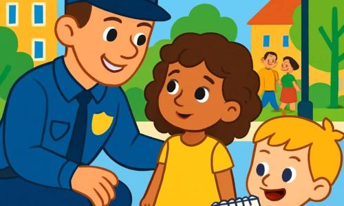 Un poliziotto uomo di circa trent'anni, con un grande sorriso caloroso, indossa una divisa blu brillante e un cappello. Si sta chinando verso una bambina, Maria, di 6 anni, che indossa un vestito giallo brillante e ha i capelli ricci castani. Lei guarda il poliziotto con occhi brillanti di ammirazione. Accanto a loro, un bambino, Tommaso, di 5 anni, con capelli biondi e una maglietta rossa, disegna un cuore su un piccolo quaderno. La scena si svolge in una strada animata di un quartiere soleggiato, con case colorate e alberi verdi sullo sfondo. I passanti sorridenti si muovono sul marciapiede, e un cagnolino gioca felicemente vicino a un lampione. Il poliziotto aiuta Maria, che ha perso il suo pallone, e le spiega calmamente l'importanza di rispettare le regole di sicurezza. Tommaso, entusiasta, si unisce a loro per incoraggiare Maria, creando un'atmosfera gioiosa e amichevole.