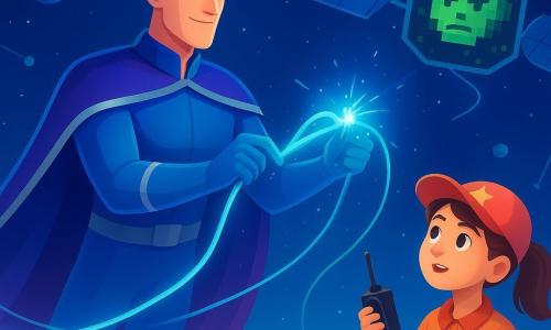 Un bărbat supererou înalt și zvelt, cu față prietenoasă și păr negru pieptănat, în palton violet-albastru cu margini argintii, expresie hotărâtă, plutind în microgravitație cu brațele întinse reparând un cablu luminos între doi sateliți, cu scântei blânde și străluciri albastre la mâini; o fetiță reporter de circa 11 ani, Mira, cu păr brun prins în coadă, șapcă cu stele și carnețel deschis, concentrată și entuziastă pe un acoperiș, ținând un walkie și dând indicații; un antagonist reprezentat prin „Mască Pixelată” mare, cu față desenată în linii și pătrate verzi pe un ecran plutitor de satelit, cu pixeli verzi căzând ca confetti; decorul este o stație spațială strălucitoare cu poduri metalice fine și sateliți rotunzi și angulați conectați prin fire de lumină, fundal stelar adânc, mici planete și curba albastră a Pământului; scena arată repararea rețelei „Orizont”, firele semnal se realiniază în panglici ordonate sub mâinile eroului, cu contraste neon albastre, verzi și violete și o atmosferă de urgență controlată și speranță colectivă.
