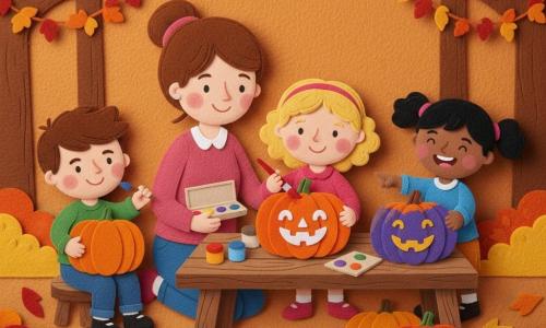 A joyful 2-year-old girl named Lily with curly blond hair and rosy cheeks holds a small red brush and paints a smiling face on a bright orange pumpkin while her smiling, attentive mother (about 30) with chestnut hair in a bun kneels beside her holding an open paint box; nearby a mischievous 4-year-old boy, Ben, with short brown hair sits on a small wooden stool painting a pumpkin to the left, and a laughing 3-year-old girl, Ella, with black pigtails stands behind showing a funny painted pumpkin to Lily; setting: an autumn forest clearing at golden hour with leaf-strewn ground, small leaf garlands on branches, a rustic wooden table with paint pots and pumpkins, warm playful atmosphere, saturated colors, soft felt-like textures, simple high-contrast shapes, composition centered on the little girl painting.