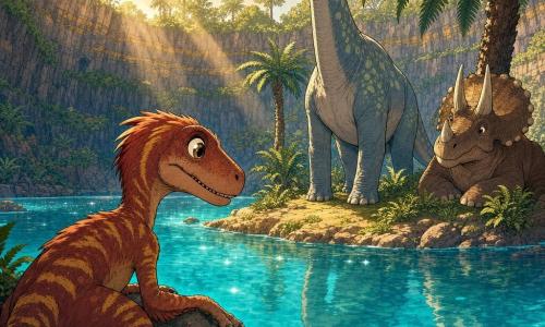 Um jovem velociraptor curioso de penas roussas e riscas ocres, olhos grandes e brilhantes, com uma pata sobre uma pedra à beira de uma água turquesa, sorrindo timidamente; um velho braquiossauro sábio de pele cinzenta com manchas verde-pálido e longo pescoço, na pequena ilha do centro do cratera, inclinando a cabeça para o velociraptor; um tricerátopo amigável ao fundo sob uma samambaia gigante; o cratera circular com água azul-turquesa, paredes rochosas ocráceas com musgo, grandes samambaias e palmeiras e raios de sol dourados; cena calma e mágica — o velociraptor chega ao Beco Azul e descobre o guardião das histórias, cores quentes, estilo banda desenhada suave com traços arredondados e texturas pintadas.