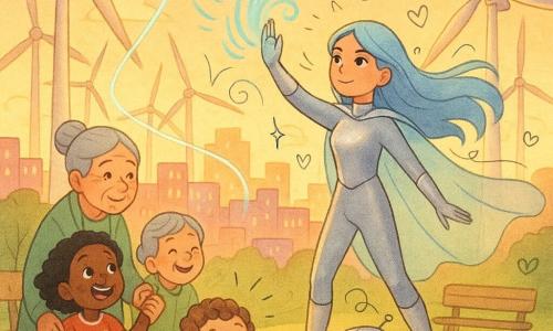 Brisa Relámpago, heroína sonriente y decidida con largo cabello azul cielo al viento y traje plateado brillante con botas a rayas amarillas y capa semitransparente, levanta la mano derecha y dirige ráfagas de viento visibles como remolinos turquesa; en primer plano una niña de unos 6 años con vestido rojo de lunares sujeta la mano de su abuela, que ronda los 70, cabello gris en moño y abrigo verde claro, protegiendo contra su pecho a un niño de 3 años de rizos castaños que ríe mientras mira un pequeño robot explorador de metal cepillado con ojos LED amarillos y pata articulada, posado sobre una colina de hierba que ofrece una piedra multicolor a Brisa; escenario: parque eólico en las afueras de la ciudad con grandes aerogeneradores blancos, césped con flores amarillas, bancos de madera y un horizonte urbano pastel; la heroína canaliza el viento hacia una gran góndola voladora plateada que se recarga mediante un cable luminoso conectado a las turbinas, la multitud en primer plano observa confiada bajo una luz vespertina dorada, ambiente cálido y esperanzador; estilo: colores vivos y contrastados, trazos suaves y redondeados, texturas tipo papel y acuarela ligera con doodles (flechas, nubes, pequeños relámpagos) que acentúan el movimiento del viento.