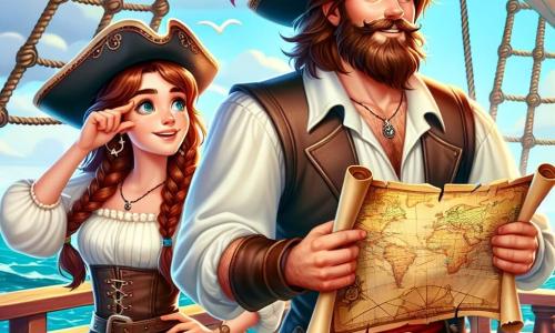 Roelof, een piraat met lang golvend haar en een goed verzorgde baard, staat trots op het dek van zijn schip met een vastberaden en opgewonden blik. Hij draagt een piratenhoed met een gekleurde veer, een witte blouse met pofmouwen en een leren vest. In zijn hand houdt hij een schatkaart en speurt hij de horizon af met een avontuurlijke glimlach. Naast hem bekijkt Jasmijn, een 20-jarig meisje met gevlochten bruin haar en sprankelende ogen, aandachtig de kaart. Ze draagt een lichte blouse en piratenbroek en staat iets op de achtergrond, klaar om Roelof naar de volgende stap van hun zoektocht te leiden. Bram, een stevige man van ongeveer 30 jaar, staat achter op het schip met zijn armen over elkaar en een zelfverzekerde glimlach. Met zijn volle baard en rode bandana houdt hij de omgeving in de gaten, klaar om zijn bemanning tegen gevaar te beschermen. De scène speelt zich af op het houten dek van het schip De Vrijheid, dat zachtjes op de glinsterende golven van de oceaan wiegt. De lucht is helderblauw met enkele witte wolken en de geur van de zee hangt in de lucht. De situatie toont Roelof en zijn bemanning die zich voorbereiden op een nieuw avontuur, terwijl ze zich klaarmaken om de schatkaart te volgen naar een mysterieuze eiland vol beloftes en mysteries om te ontdekken.