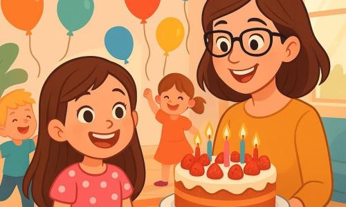 Ein 6-jähriges Mädchen mit langen braunen Haaren und strahlenden Augen steht im Mittelpunkt eines hellen Raumes, umgeben von bunten Ballons. Sie trägt ein rosa Kleid mit weißen Punkten und ein großes Lächeln, das ihr Gesicht erhellt. Neben ihr steht ihre Tante Klara, eine Frau in den Dreißigern mit braunen Haaren und Brille, die lächelt und einen mit Erdbeeren und Kerzen dekorierten Kuchen hält. Im Hintergrund spielen Kinder, darunter ein Junge mit blonden Haaren und ein kleines Mädchen mit Zöpfen, fröhlich mit Ballons. Der Raum ist ein gemütliches Wohnzimmer, geschmückt mit bunten Papiergirlanden, einem großen weichen Teppich und Sonnenstrahlen, die durch die Fenster fallen. Die Hauptsituation zeigt das Mädchen, das bereit ist, ihre Kerzen auf dem Geburtstagskuchen auszublasen, umgeben von Lachen und lebhaften Farben, und fängt die Aufregung und Magie dieses besonderen Tages ein.