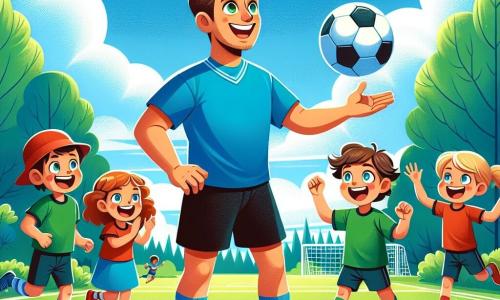 Un uomo sorridente, Marco, è al centro dell'immagine, con capelli castani e occhi scintillanti di gioia. Indossa una maglietta da calcio blu brillante e pantaloni neri, mentre mostra ai bambini come colpire bene un pallone. Intorno a lui ci sono diversi bambini: un ragazzo di 7 anni con un cappellino rosso, pronto a calciare il pallone, e una ragazza di 6 anni con una treccia bionda, che applaude con entusiasmo. Un altro ragazzo di 8 anni, con una maglietta verde, corre verso il pallone con un grande sorriso. Il luogo è un parco verdeggiante, con alberi lussureggianti sullo sfondo, un cielo blu brillante e un campo da calcio ben curato, con erba di un verde intenso. La scena principale mostra Marco mentre insegna ai bambini come giocare a calcio, tutti insieme, ridendo e divertendosi, creando un'atmosfera gioiosa e dinamica.