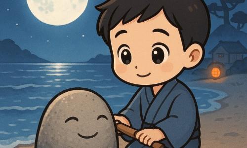 Een jonge man (Haru) met zacht, kalm gezicht en grote heldere ogen draagt een eenvoudig blauwgrijs kimono, knielt op het vochtige zand en legt voorzichtig een gebarsten houten fluit op een grote ronde 'Maanrots' met een vaag gegraveerd, vredig gezicht; op de achtergrond de rustige zee onder een heldere volle maan met zilveren reflecties, zachte golven, in de verte pijnbomen en een warme oranje papieren lantaarn bij schetsachtige vissershuisjes, Japanse nachtelijke sfeer in een blauw‑nacht en zilverpalet met warme hout- en oranje accenten, compositie gericht op het schenkgeste en chibi kawaii‑stijl met ronde lijnen en verzadigde maar zachte kleuren.