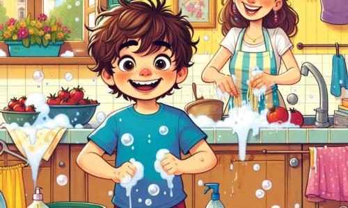 Un ragazzo di 9 anni, Matteo, con capelli castani arruffati e un grande sorriso, si trova al centro della cucina, circondato da bolle di sapone e stoviglie spruzzate. Indossa una maglietta blu e pantaloni corti rossi, e il suo sguardo è pieno di eccitazione e determinazione. Accanto a lui, sua madre, una donna di circa trent'anni con capelli lunghi e castani, sorride teneramente osservando suo figlio, con le braccia incrociate, in un atteggiamento sia divertito che orgoglioso. La cucina è luminosa, con muri gialli e finestre che lasciano entrare la luce del sole, vasi di fiori sul davanzale e un tavolo di legno carico di un piatto di spaghetti un po' bruciati. La scena principale mostra Matteo mentre prepara un pasto per sua madre, con schizzi di salsa di pomodoro sul muro e vestiti colorati sparsi attorno a lui, illustrando il suo entusiasmo e i suoi sforzi per farla felice.