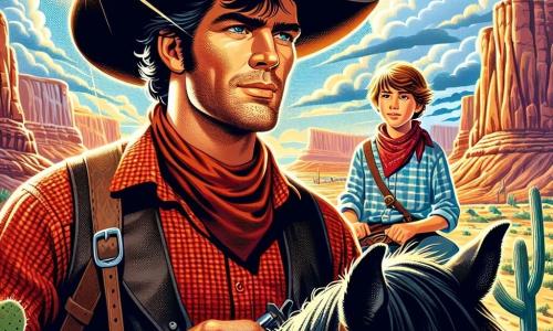Ein etwa dreißigjähriger Cowboy mit sonnengegerbtem Gesicht, breitem Filzhut und rotkariertem Hemd steht fest auf seinem schwarzen Pferd. Sein Blick ist entschlossen und mutig, seine Augen leuchten vor Gerechtigkeit, während er den Horizont absucht. Neben ihm steht ein zwölfjähriger Junge mit zerzausten kastanienbraunen Haaren, der ein Halstuch trägt und seinen Mentor bewundernd ansieht. Er hält eine Karte in den Händen, seine Augen weit aufgerissen vor Aufregung. Die Szenerie zeigt einen kargen Canyon mit roten Felsen und verstreuten Kakteen unter einem strahlend blauen Himmel, der mit weißen, baumwollartigen Wolken übersät ist. Das Sonnenlicht beleuchtet die Szene und wirft sanfte Schatten auf den staubigen Boden. Die Hauptsituation zeigt den Cowboy und den Jungen, die ihren nächsten Schritt planen, um einen zu Unrecht beschuldigten Freund zu retten, umgeben von einer Atmosphäre der Anspannung und Abenteuerlust.