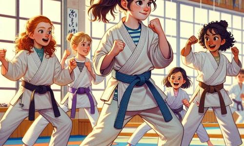 In a bright dojo, five children are gathered on a soft tatami. Mia, a 10-year-old girl with brown hair in a ponytail, wears a white kimono and a blue belt, standing at the center, focused and ready to execute a kick. Lily, a 10-year-old girl with curly blonde hair, is to Mia's left, smiling and encouraging her with raised fists. Emily, a 10-year-old girl with red hair, is to Mia's right, stretching with a determined look on her face. Sophia, a 10-year-old girl with black hair, is behind Mia, performing kata movements with a concentrated expression. Grace, a 10-year-old girl with brown hair, stands slightly back, observing with admiration, arms crossed. The dojo is decorated with colorful flags and mirrors reflecting the children's movements, creating a dynamic and lively atmosphere. The main scene shows Mia training for a karate tournament, surrounded by her friends who cheer her on, illustrating the team spirit and camaraderie that unite them.