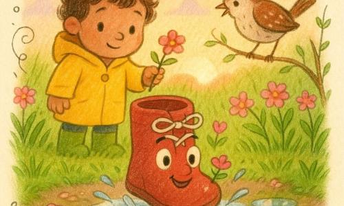 Una pequeña bota de cuero roja antropomórfica con cordones blancos, ojos redondos, cejas suaves y sonrisa salta en un charco salpicando suavemente; detrás, un niño pequeño de cabello rizado con impermeable amarillo brillante y expresión amable le ofrece una pequeña flor rosa; un gorrión marrón con motas blancas posado en una ramita canta inclinando la cabeza; jardín primaveral con hierba verde brillante, charcos reflectantes, flores rosas con gotas, tierra oscura y sendero de grava clara bajo un cielo pastel al atardecer; la lluvia acaba de parar, luz cálida de la tarde, ambiente dulce y alegre, colores saturados y trazos redondeados con textura de lápiz para un aspecto infantil.